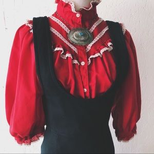 Red Vintage Button Up Blouse with Lace Detail